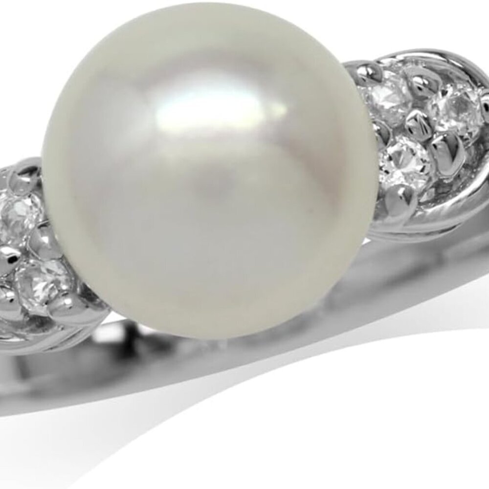 8mm Cultured Freshwater Pearl White Gold Plated 925 Sterling Silver Ring